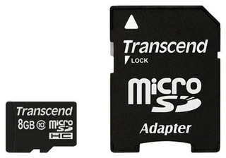 Карта памяти MicroSD Transcend 8Gb Class 10 + адаптер SD