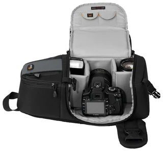 Сумка-рюкзак для фотоаппарата Lowepro Slingshot 202 AW черный текстиль, место для дополнительного объектива, крепление для штатива, внешние габариты (ВхТхД): 45х25.50х25 см 