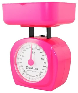 Весы кухонные SAKURA SA-6017P, розовый, до 5кг, точность 40г, чаша, пластик, механические) 
