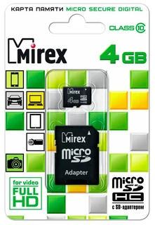 Карта памяти MicroSDHC Mirex 4Gb Class 10 + адаптер SD 