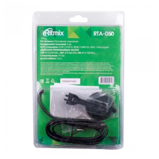 Антенна пассивная Ritmix RTA-050 комнатная, МВ (87,5-230) + ДМВ (470-862) мГц, DVB-T2, 5 дБ, черный 
