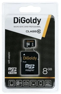 Карта памяти microSDHC DiGoldy class 10 8GB + SD adapter (DG008GCSDHC10-AD) 