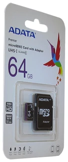 Карта памяти microSDXC ADATA Premier 64GB + SD adapter (AUSDX64GUICL10-RA1) 