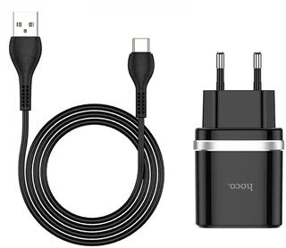 Сетевое зарядное устройство hoco C12Q Smart Black + кабель Type-C 
