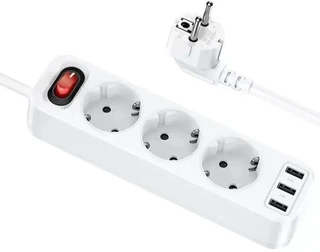 Сетевой фильтр Hoco NS2, 3 розетки, 3xUSB, 1.8 м, белый 
