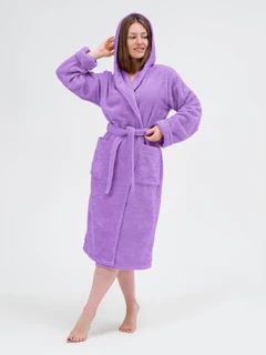 Халат махровый Фиолетовый, размер: 52, с капюшоном 