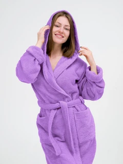 Халат махровый Фиолетовый, размер: 52, с капюшоном 