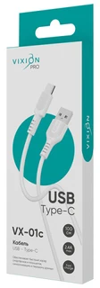 Кабель Vixion Pro USB-A 2.0 - USB-C, 1 м, 2.4 А, белый (VX-01c) 