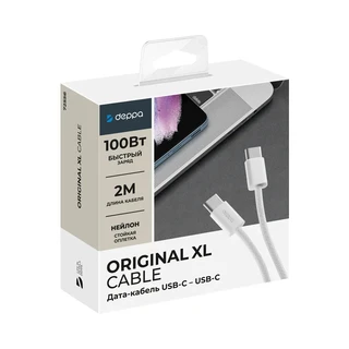 Кабель Deppa Original XL USB-C - USB-C, 2 м, 5 А, белый 