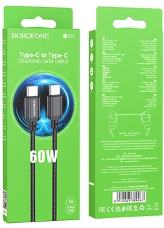 Кабель Borofone BX87 Sharp USB-C - USB-C,1 м, 3 А, черный 