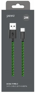Кабель PERO DC-04 Fast Charge USB-A 2.0 - USB-C, 2.0 м, 3.0 А, зеленый/черный 
