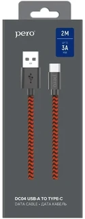 Кабель PERO DC-04 Fast Charge USB-A 2.0 - USB-C, 2 м, 3 А, красный/черный 