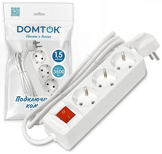 Удлинитель DOMTOK 3 гнезда, ПВС 3x1, 16А, 3500Вт, с выключателем, с заземлением, 1.5 м, белый 