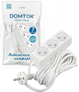 Удлинитель DOMTOK 3 гнезда, ПВС 2x1, 10 А, 2200 Вт, без заземления, 7 м, белый 