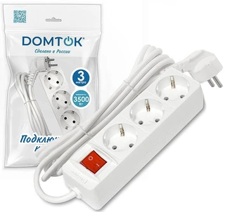 Удлинитель DOMTOK 3 гнезда, ПВС 3x1, 16 А, 3500 Вт, с выключателем, с заземлением, 3 м, белый 
