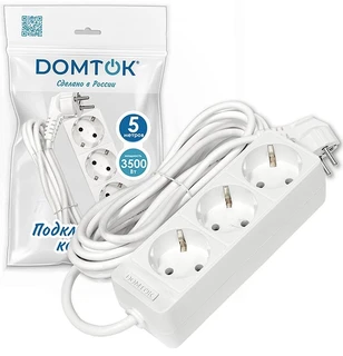 Удлинитель DOMTOK 3 гнезда, ПВС 3x1, 16 А, 3500 Вт, с заземлением, 5 м, белый 