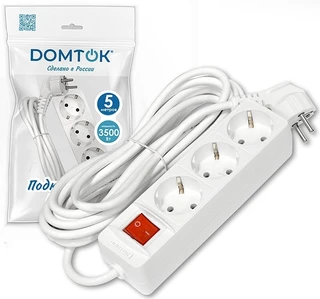 Удлинитель DOMTOK 3 гнезда, ПВС 3x1, 16 А, 3500 Вт, с выключателем, с заземлением, 5 м, белый 