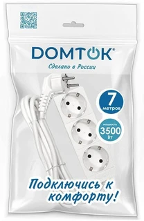 Удлинитель DOMTOK 3 гнезда, ПВС 3x1, 16 А, 3500 Вт, с заземлением, 7 м, белый 