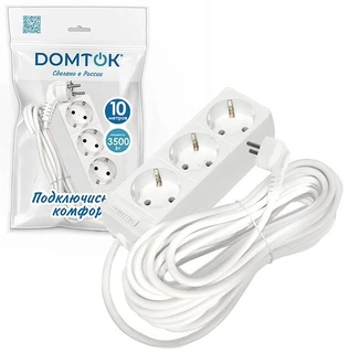 Удлинитель DOMTOK 3 гнезда, ПВС 3x1, 16А, 3500Вт, с заземлением, 10 м, белый 