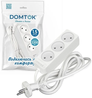 Удлинитель DOMTOK 3 гнезда, ПВС 2х1, 10А, 2200Вт, без заземления, 1.5 м, белый 