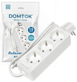 Удлинитель DOMTOK 3 гнезда, ПВС 3х1, 16А, 3500Вт, с заземлением, 1.5 м, белый 