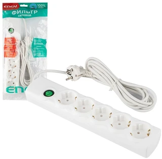 Сетевой фильтр Engy Сеть-2 5 розеток, 6А/2,2кВт, выключатель, с заземлением, 1.5 м, белый 